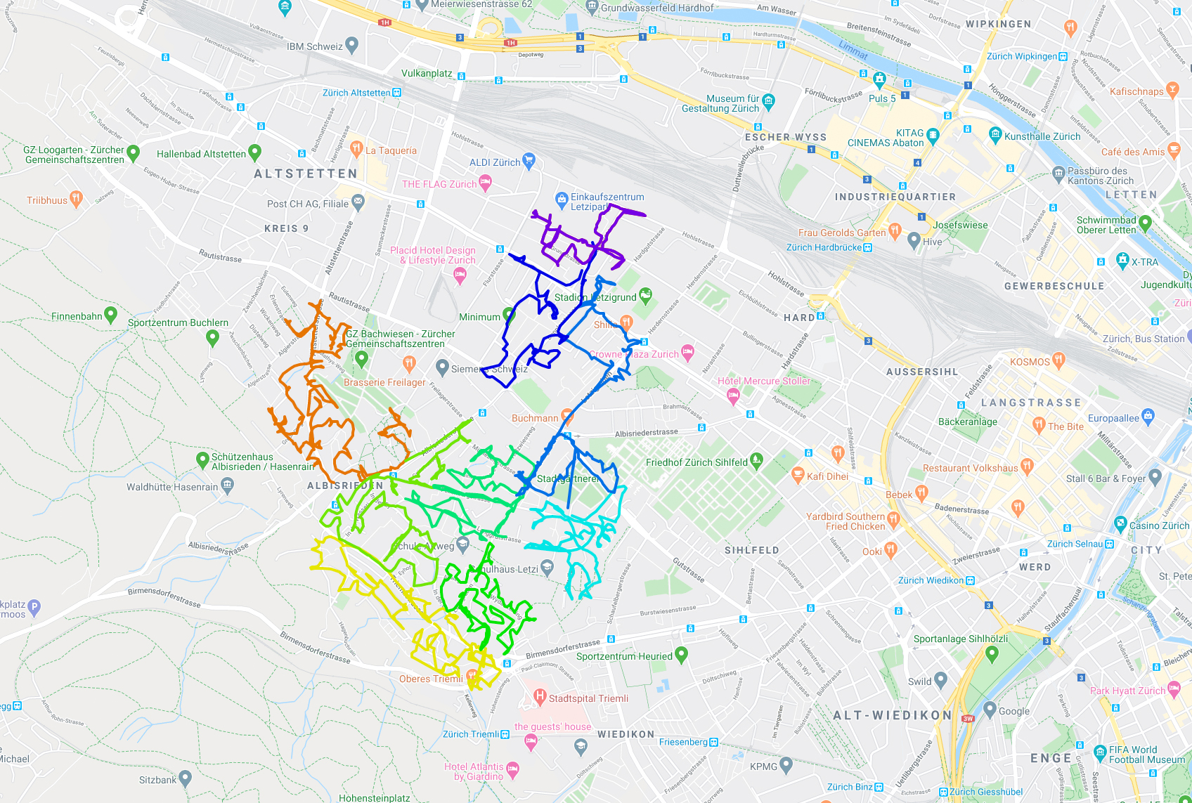Echter GPS-Routenexport einer Flyer-Verteilung: farbige Routen auf einer Strassenkarte