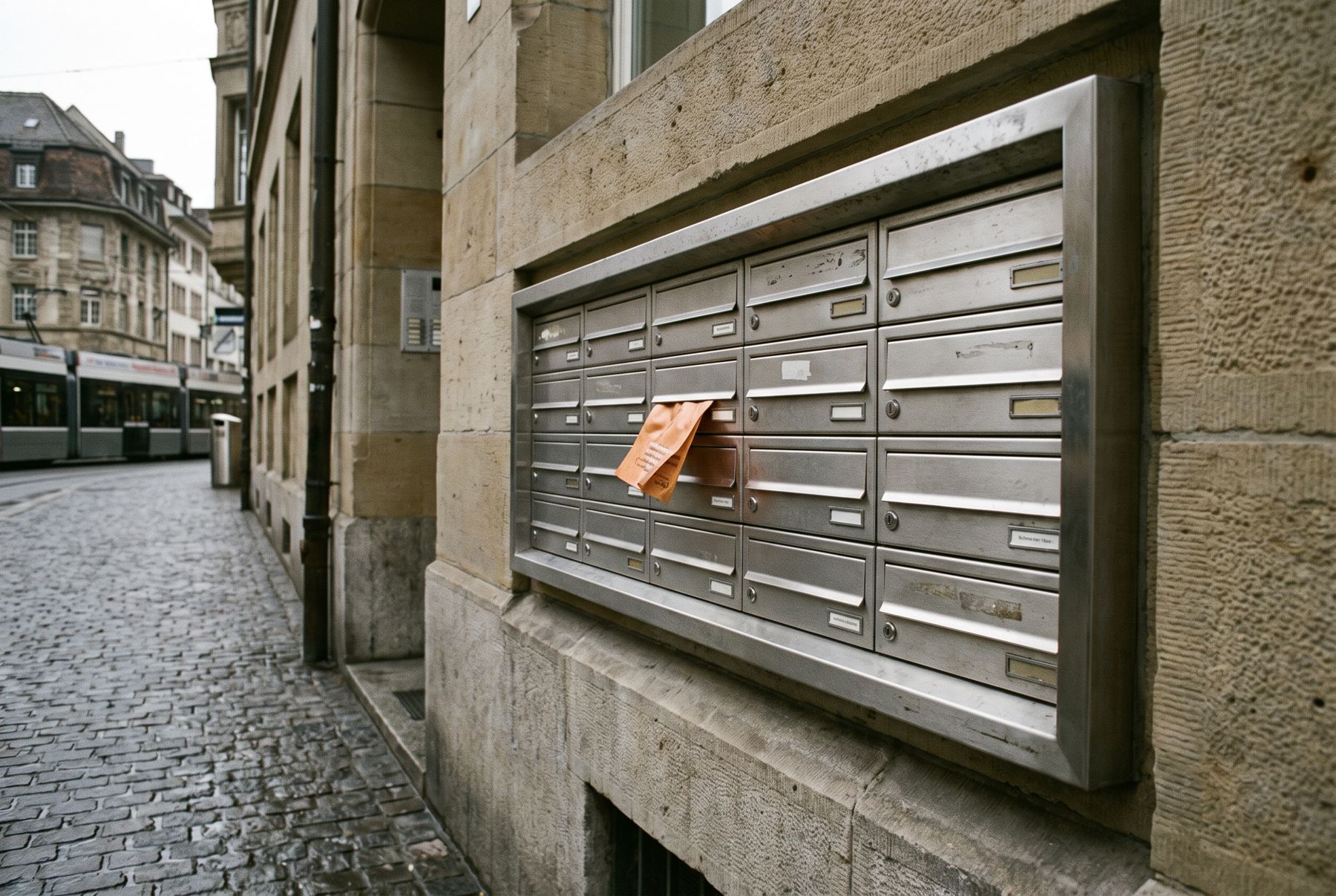 Schweizer Briefkastenanlage mit einem orangen Flyer