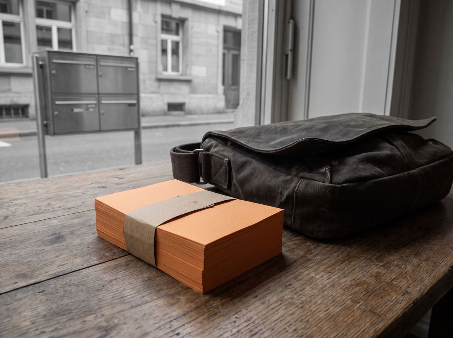 Stapel orange Flyer mit Papierbanderole auf einem Holztisch