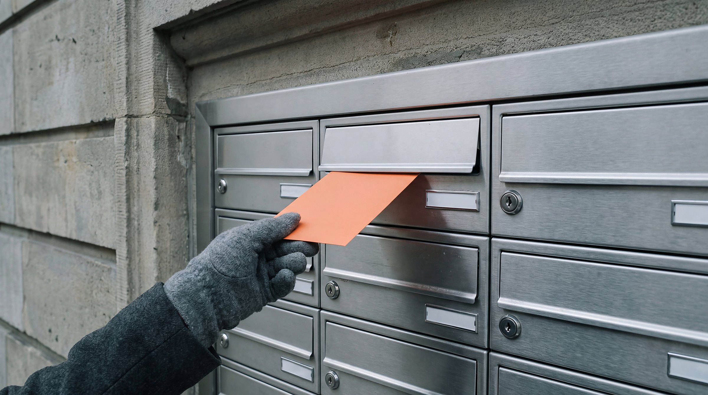Hand schiebt einen orangen Flyer in eine Schweizer Briefkastenanlage