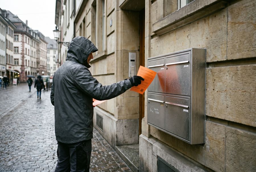 Verteiler im Regen schiebt einen Flyer in eine Briefkastenanlage