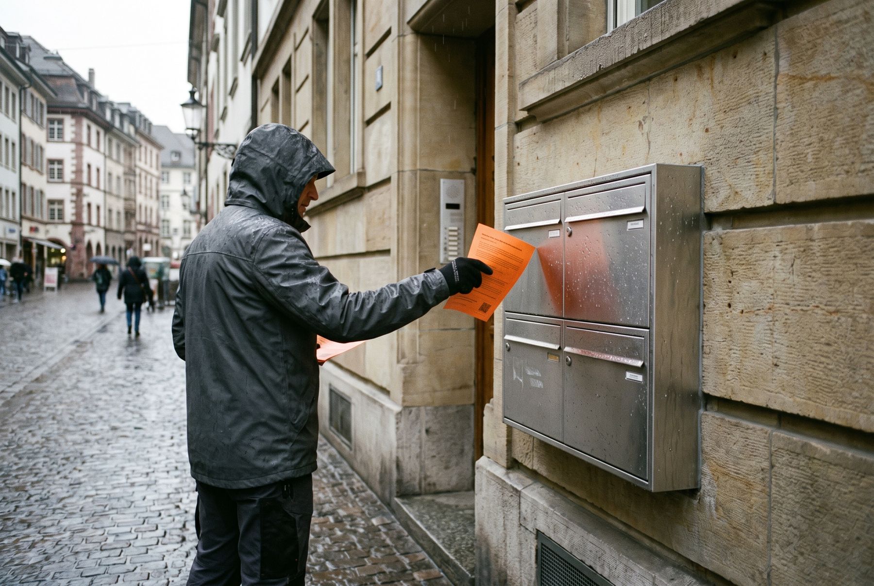 Verteiler bei Regen an einer Basler Briefkastenanlage