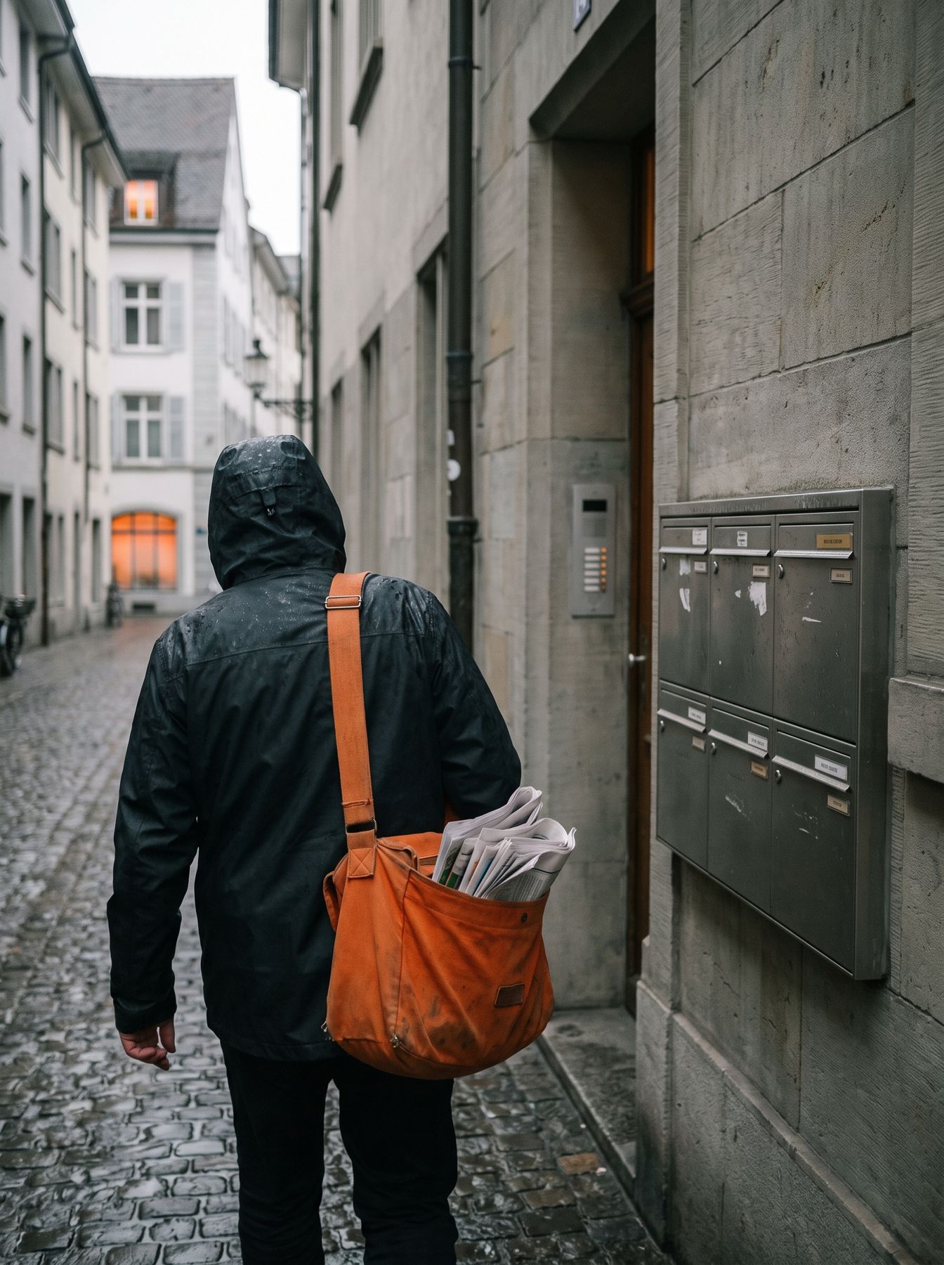 Verteiler mit oranger Tasche in einer Basler Gasse
